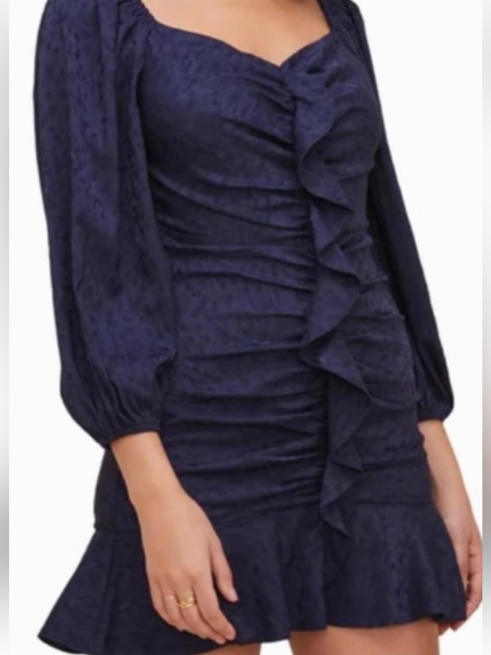 ASTR The Label Navy Jacquard Sweetheart Neck Ruffle Mini Dress MEDIUM Ruched